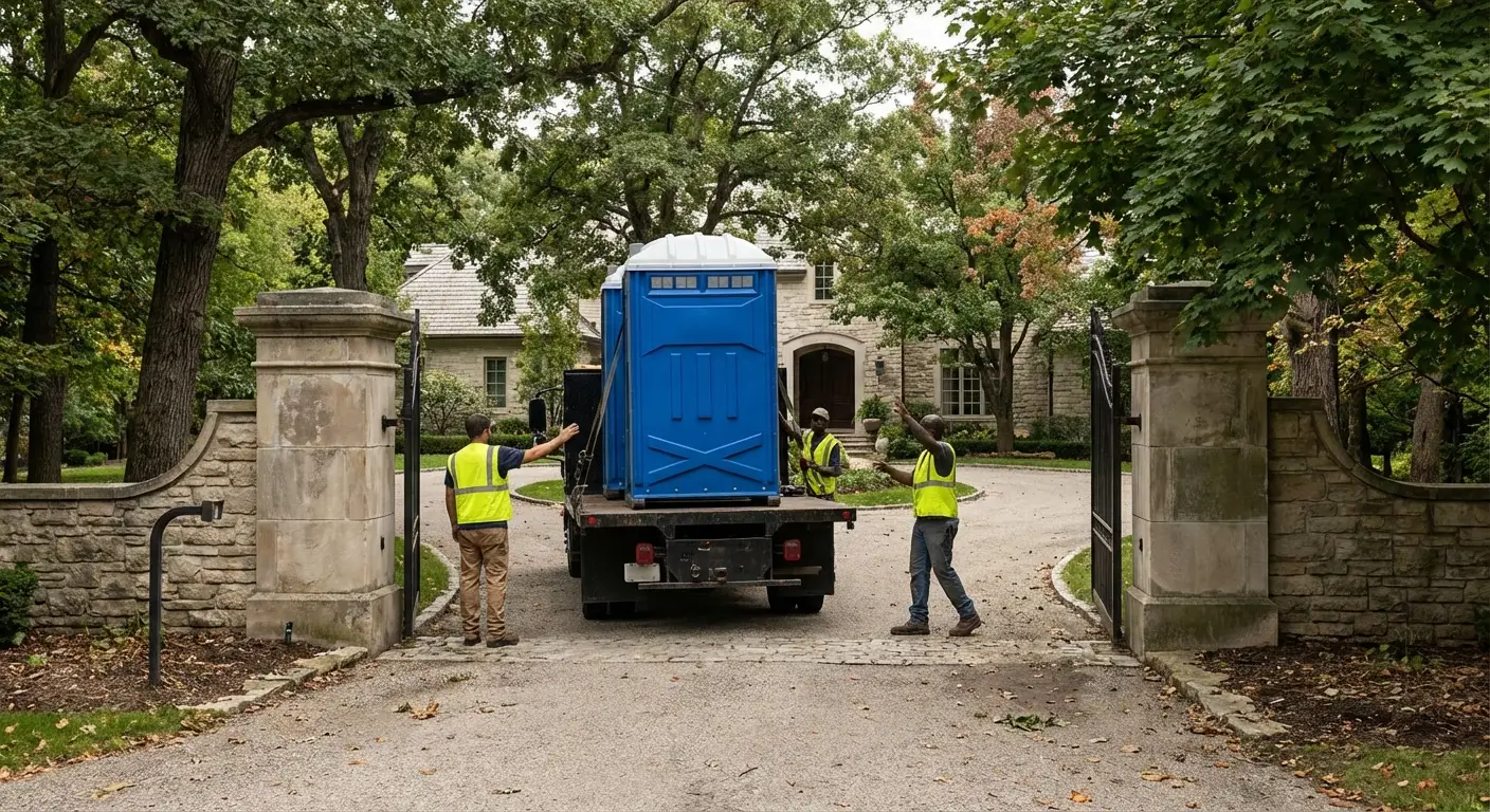 Ridgewood Portable Sanitation team navigating a complex delivery site in Parma